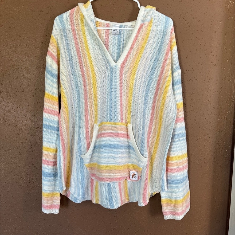 Buc-ees Pastel Striped Knit Baja Hoodie Sweater Womens Large Multicolor Logo